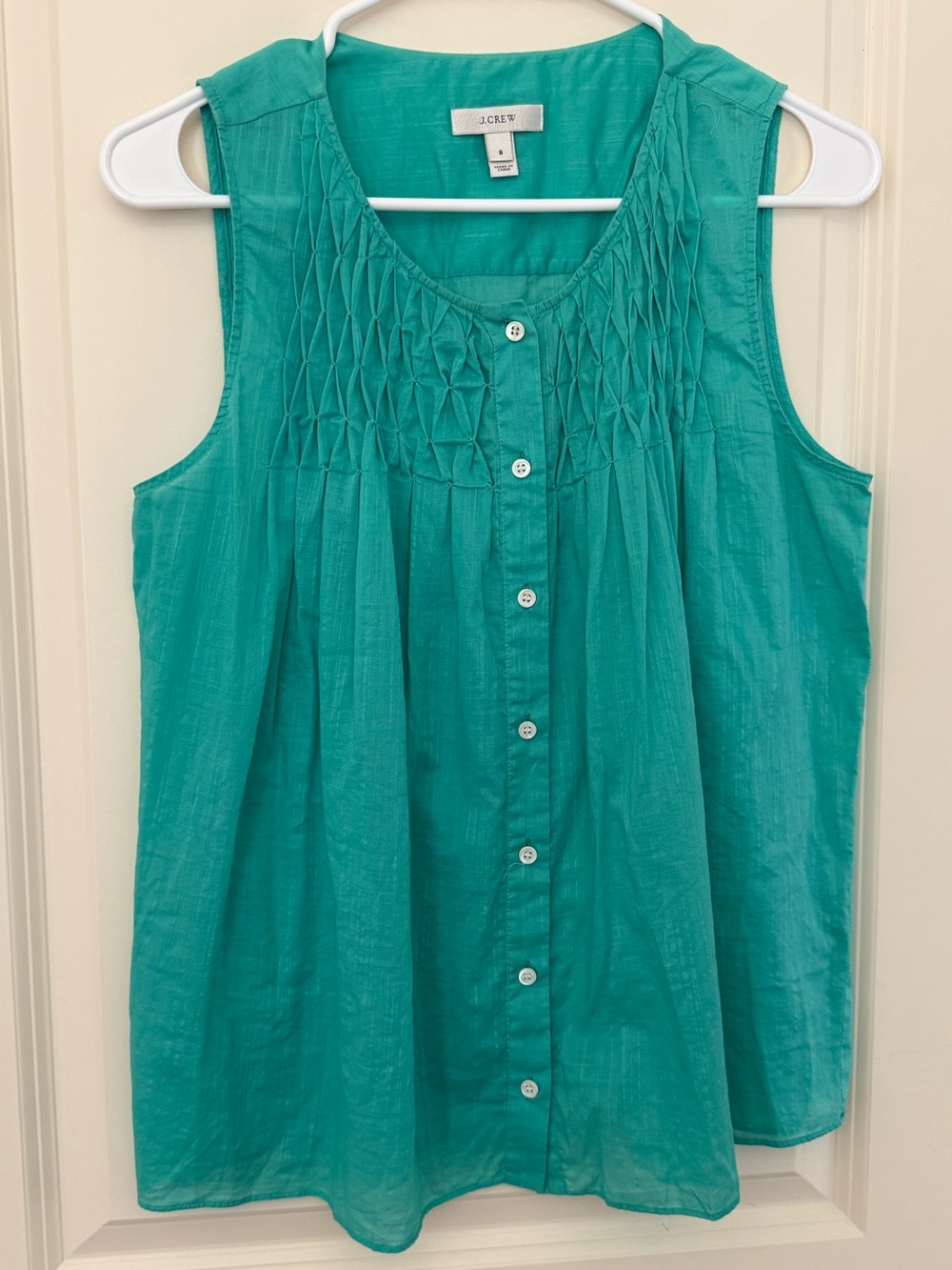 J.Crew Smocked Button Front Tank Top 100% Cotton Green Sleeveless Blouse Sz 8